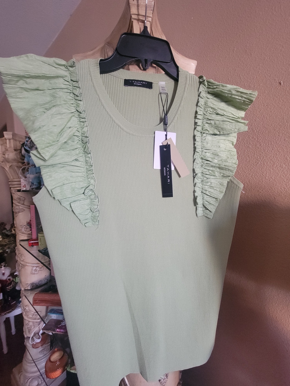 Tahari Sleeveless Ruffle Shoulder Tank Top - Light Lime Green